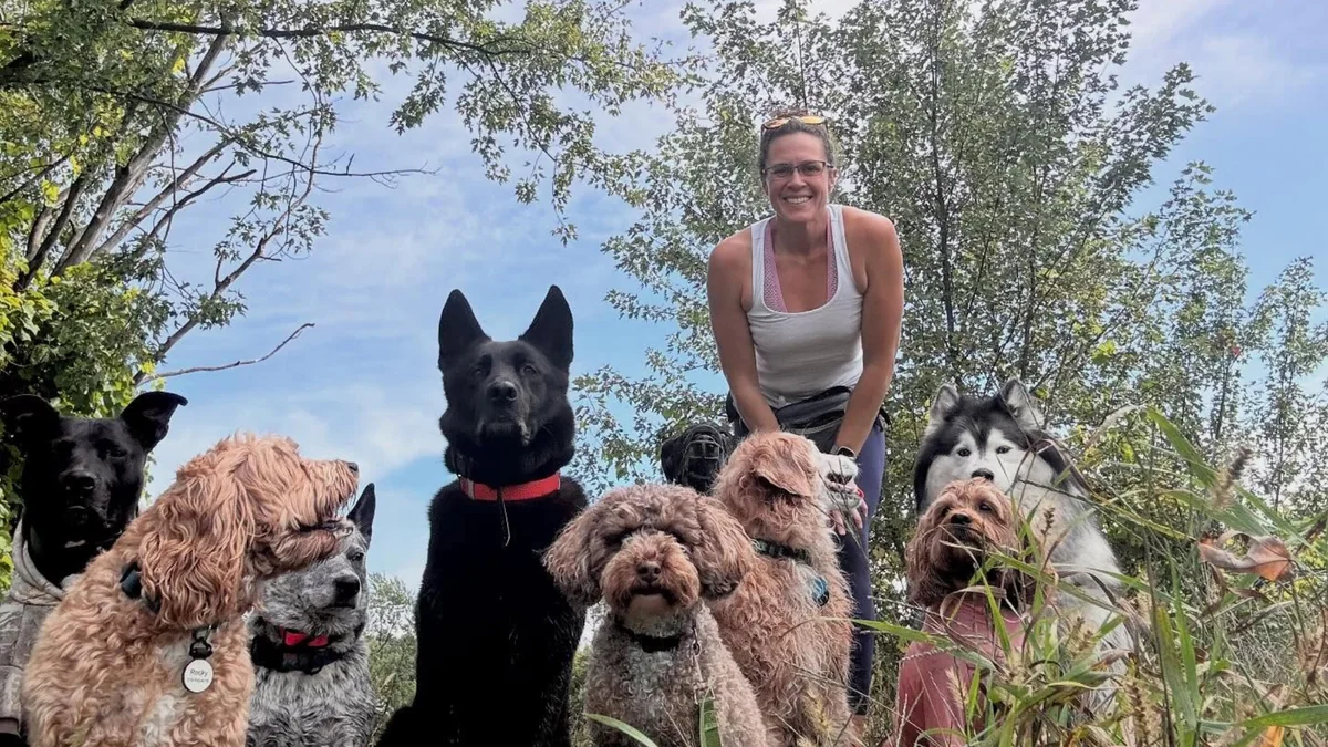 Amber in the woods with her pack of dogs gathered around her