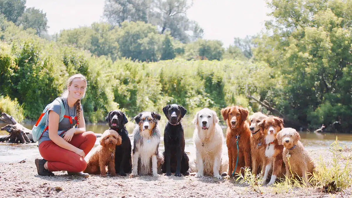 Emma kneeling on a riverbank beside her pack of ten dogs sitting in a line