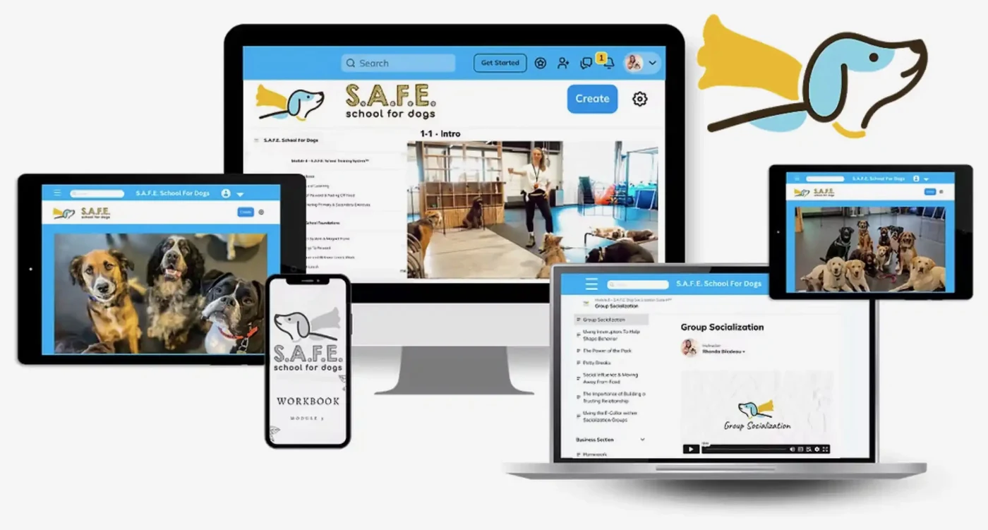 The S.A.F.E. School for Dogs™ online course shown across a desktop, laptop, tablet and phone