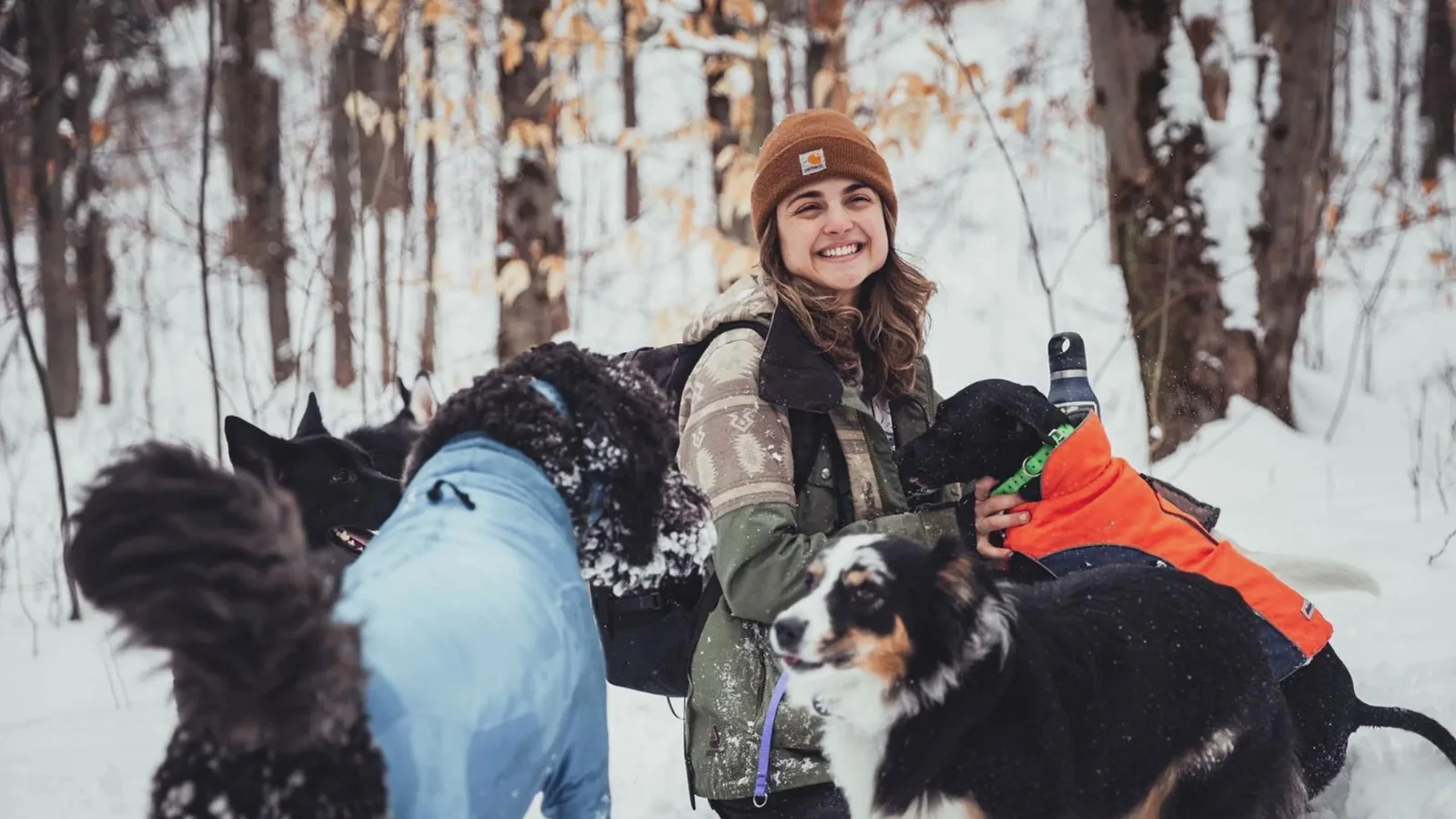Rhonda laughing in the snow with her pack of dogs in winter coats around her